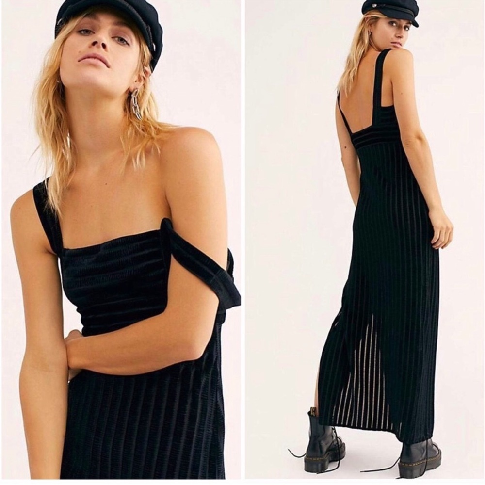 Free People Geneva Velvet Maxi Dress Gown Slip Black Long Sheer